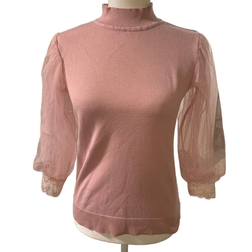 Boutique | Pink Puff Sleeve Mock Neck Sheer Sleeve Rayon Blouse Size Small